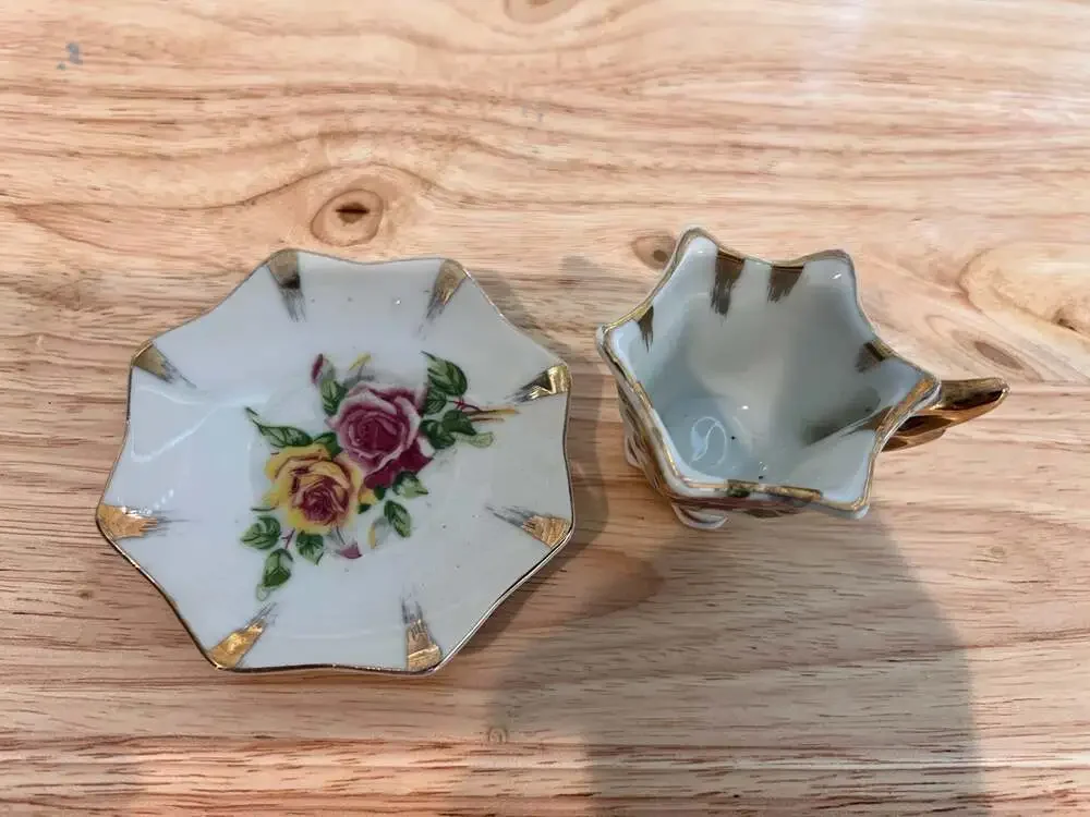Vintage Enesco Miniature Floral Tea Cup and Saucer with Gold Trim
